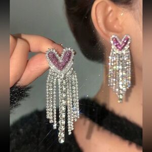 Heart Drop Statement Earrings with Crystal Fringe
